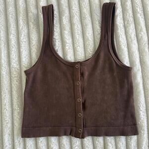 Distressed Style Light Brown Button-up Ribbed Crop Top #tanktop #croptop